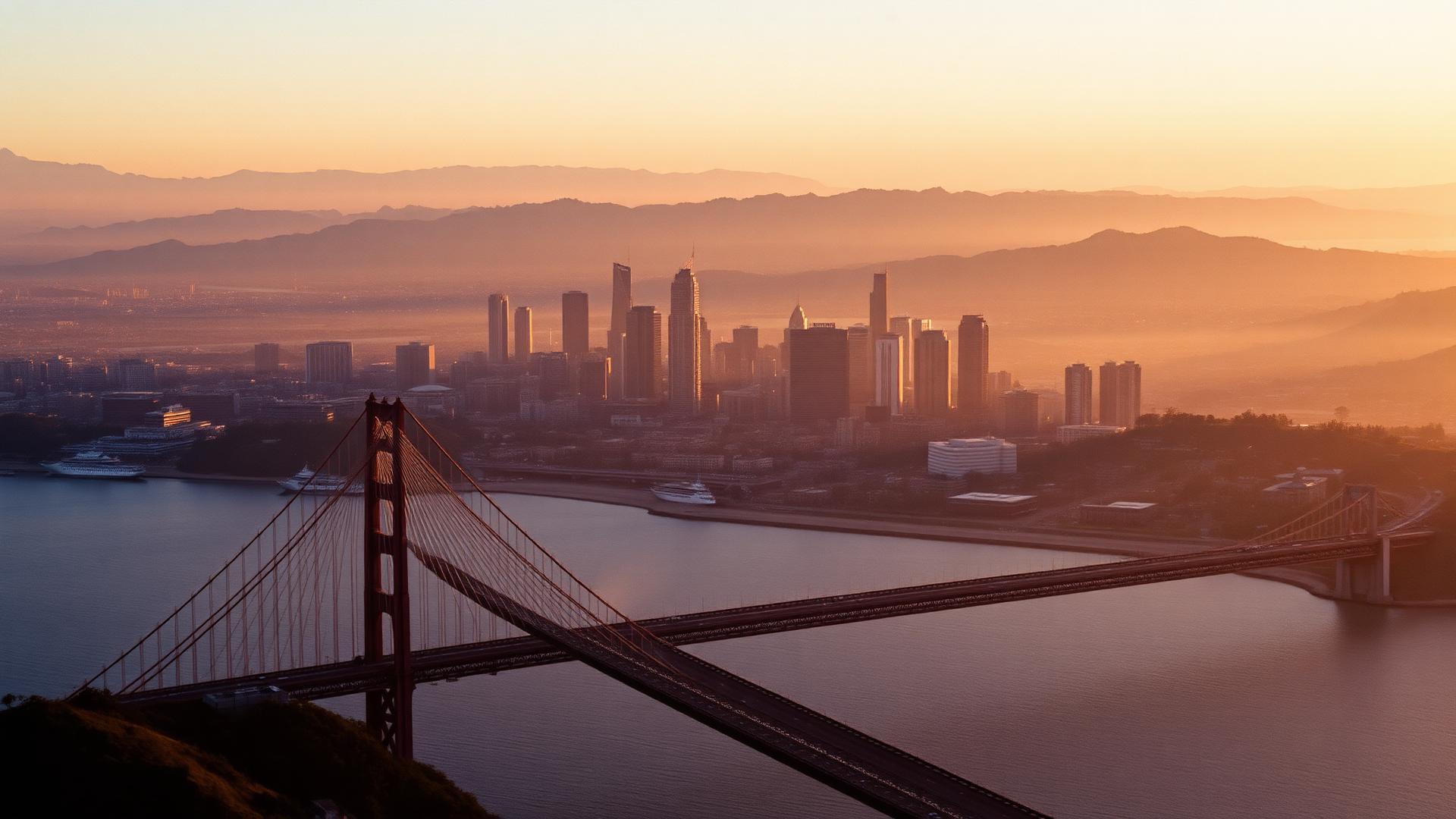 Oakland and Bay Area skyline at golden hour